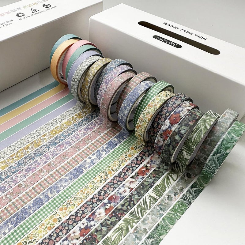 YUBX Vintage Washi Tape Set 20 Rolls Skinny Retro Decorative Antique Patterns Masking Tapes for Arts, DIY Crafts, Journals, Planners, Scrapbook, Wrapping (Nature) - Image 5